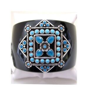 Vtg Brighton Black Nepal Resin Cuff Bracelet w/Blue Stone Accents Boho Western